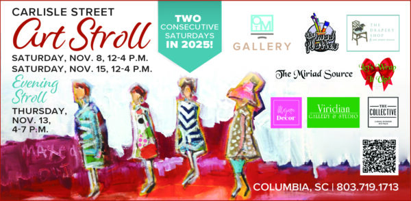 A painting shows four standing figures in patterned dresses against a red and white background.