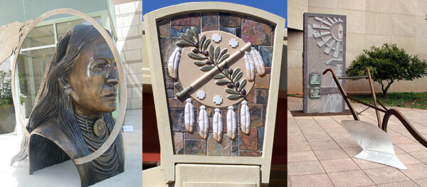 3 works from the Oklahoma Art in Public Places program, with Native American and farming imagery.
