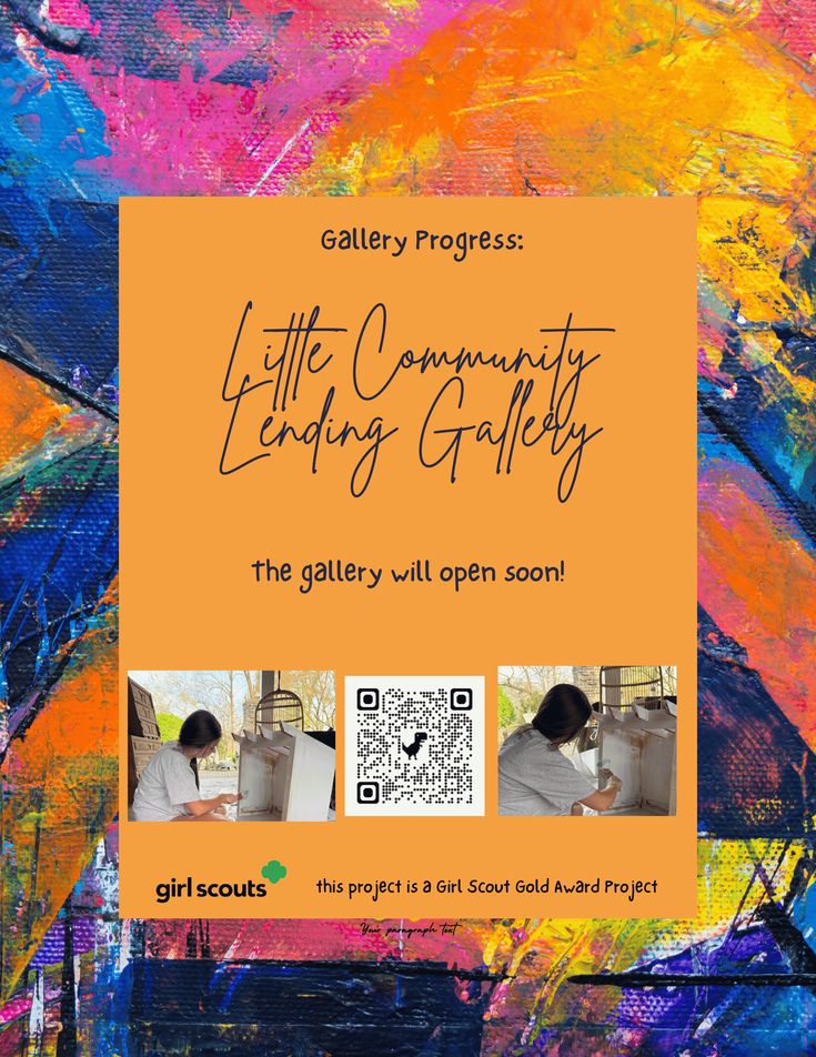 A canvas painted with bright colors. Photos of a person building a white wooden box.