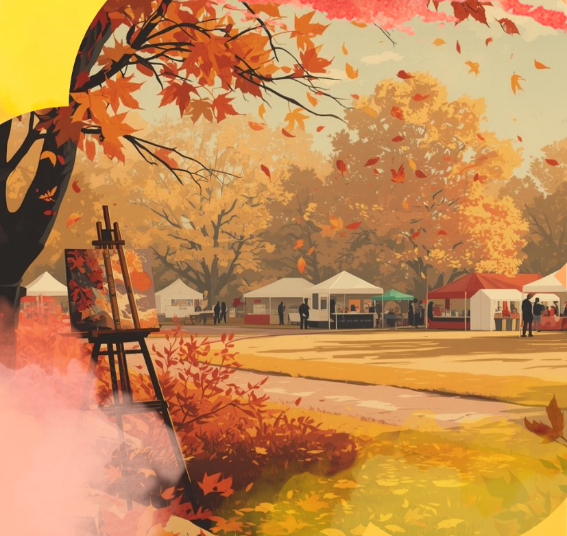 An illustration depicting an autumn art festival taking place in a park.