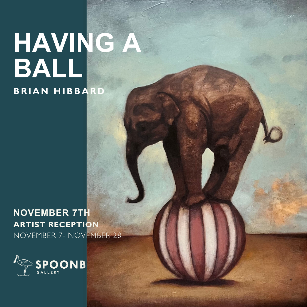 Painting of a small elephant balancing on a large striped ball, as if in a circus act.