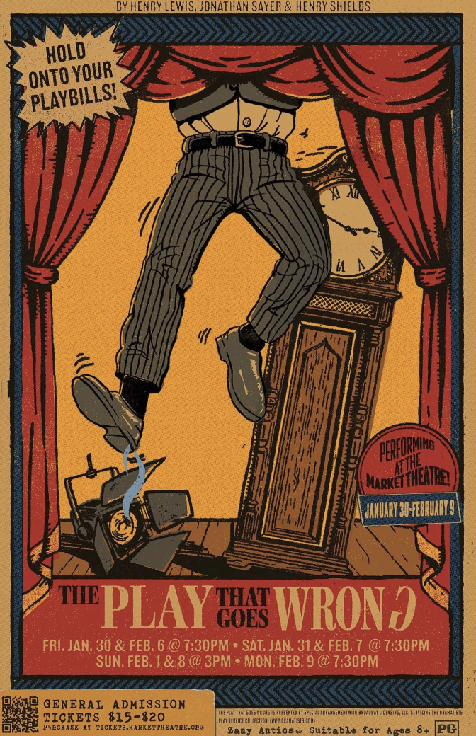 In a comedic illustration, a man appears to be stuck in the rafters above a theater stage.