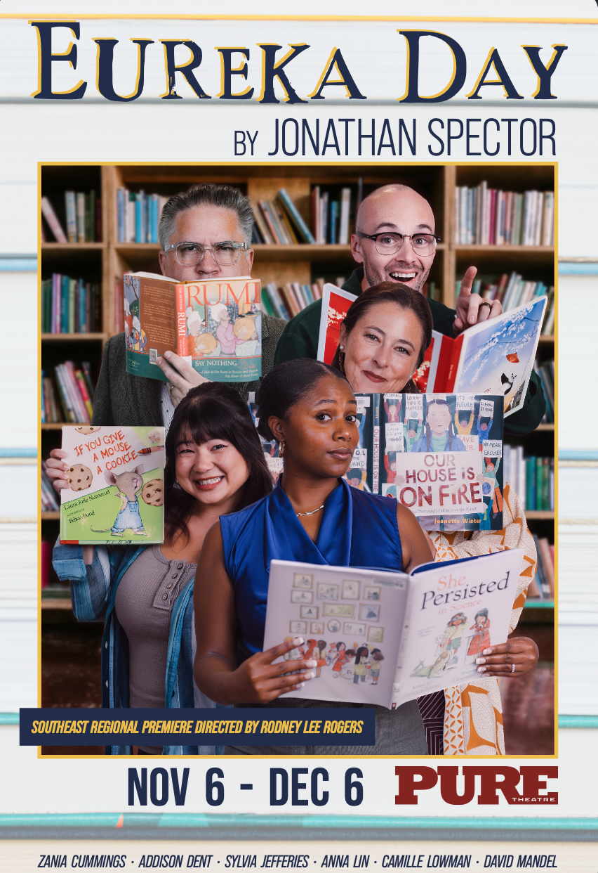 Two men and three women, some BIPOC, smile as they read books in front of a bookshelf.