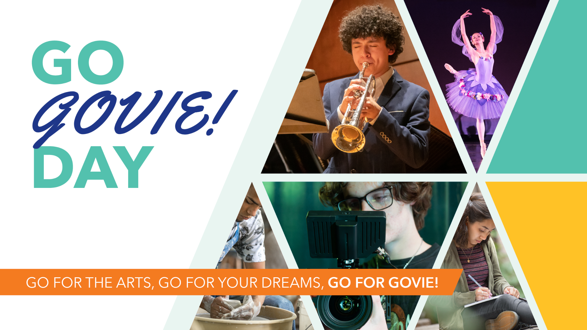 Young artists playing a trumpet, dancing in a ballet, taking a photo, writing, and making pottery.