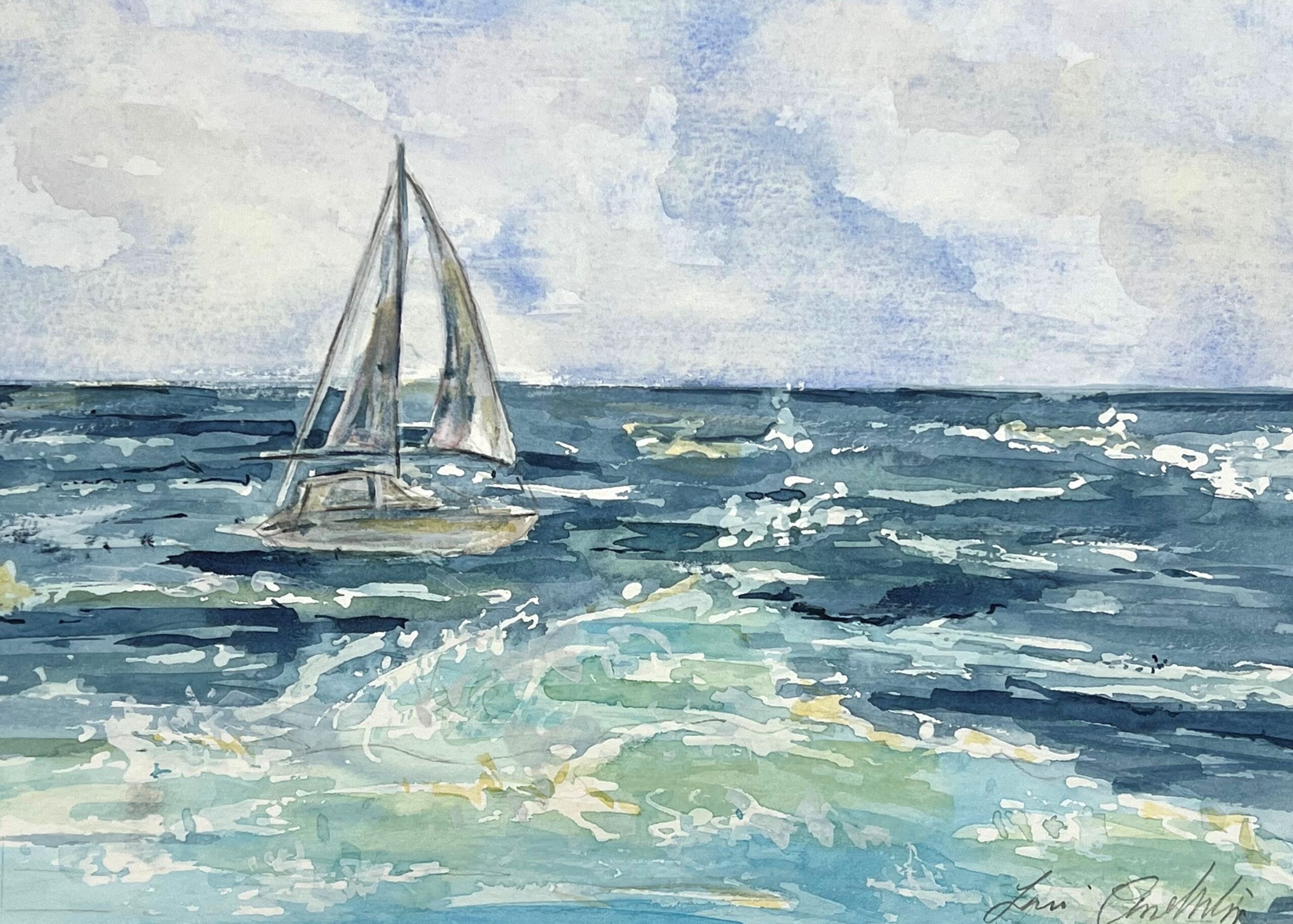 Watercolor painting of a small sailboat on a choppy sea, in shades of blue, white, and green.