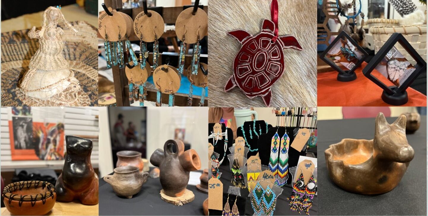 A variety of Native American crafts on display, including earrings and pottery.