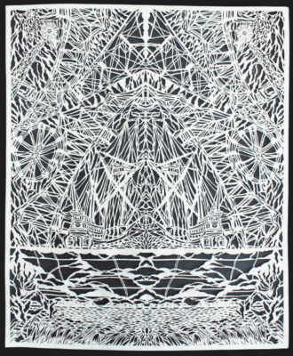 "Manifest Destiny" by Jennifer York. Tyvek papercut over porch screen, 75"h x 60"w, 2023.