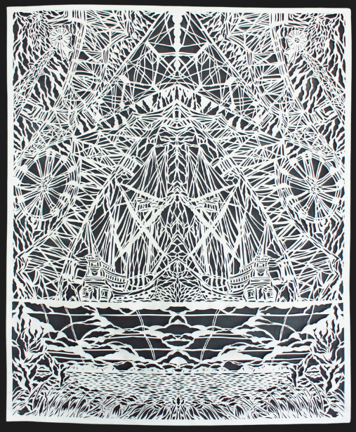 "Manifest Destiny" by Jennifer York. Tyvek papercut over porch screen, 75"h x 60"w, 2023.