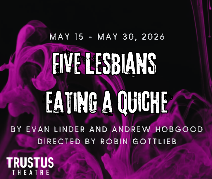 Ad for the play "5 Lesbians Eating a Quiche." Purple water-like shapes on a black background.