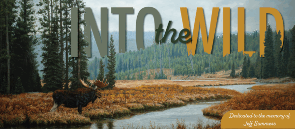 A painting of a moose standing by a river through brown grasses in a wilderness area.