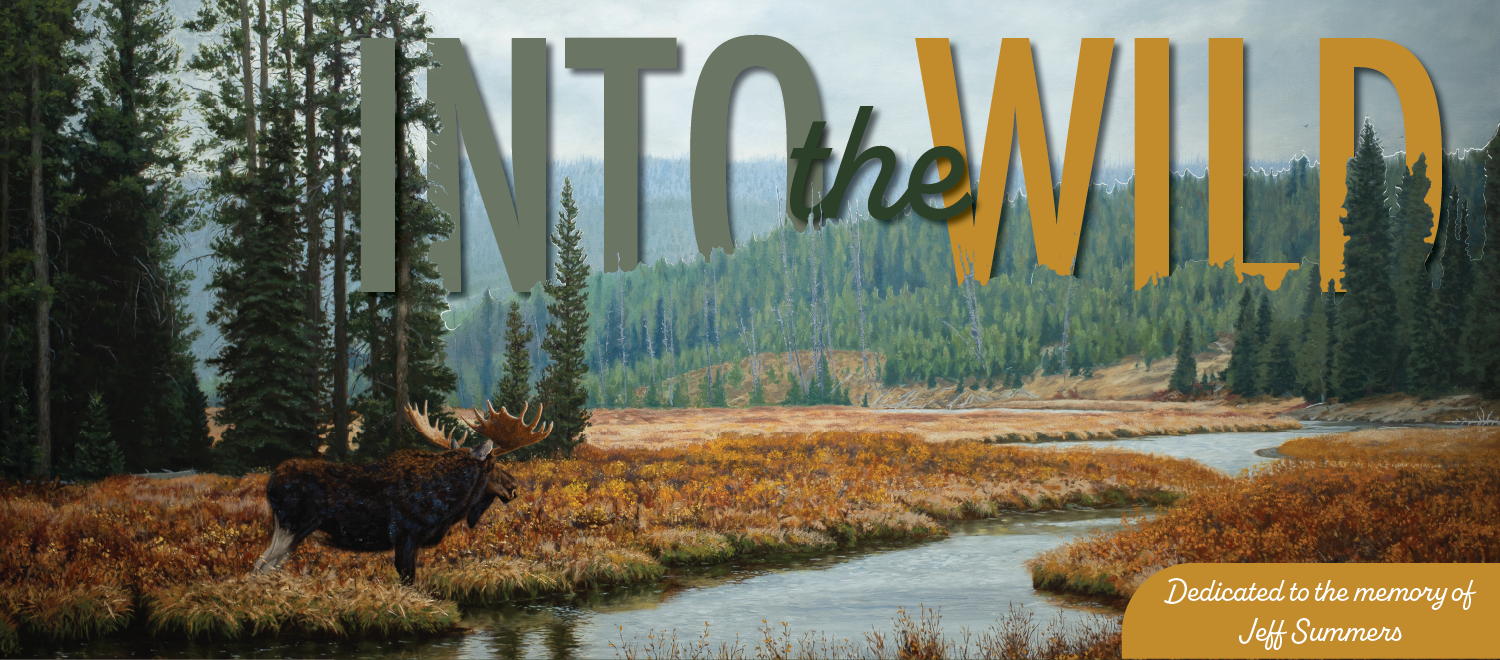 A painting of a moose standing by a river through brown grasses in a wilderness area.