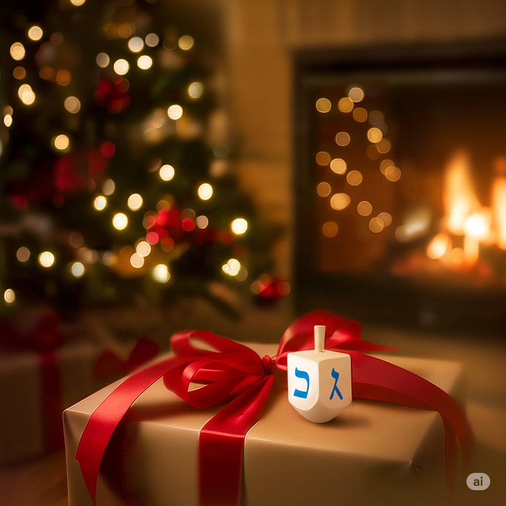 A wrapped gift with a dreidel on top, in a room with a fireplace and a Christmas tree.