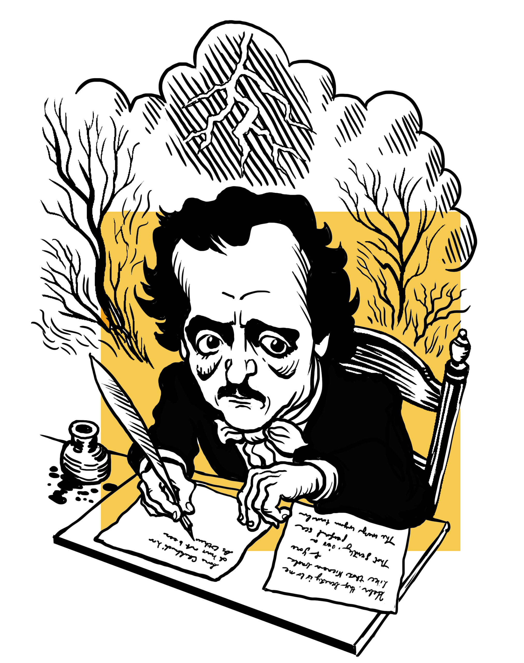 Caricature of poet Edgar Allan Poe writing at a desk with sunken eyes, dark hair, and dark mustache.
