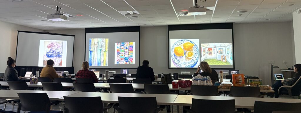 The six-member jury sits with backs to the camera reviewing artworks on projection screens.