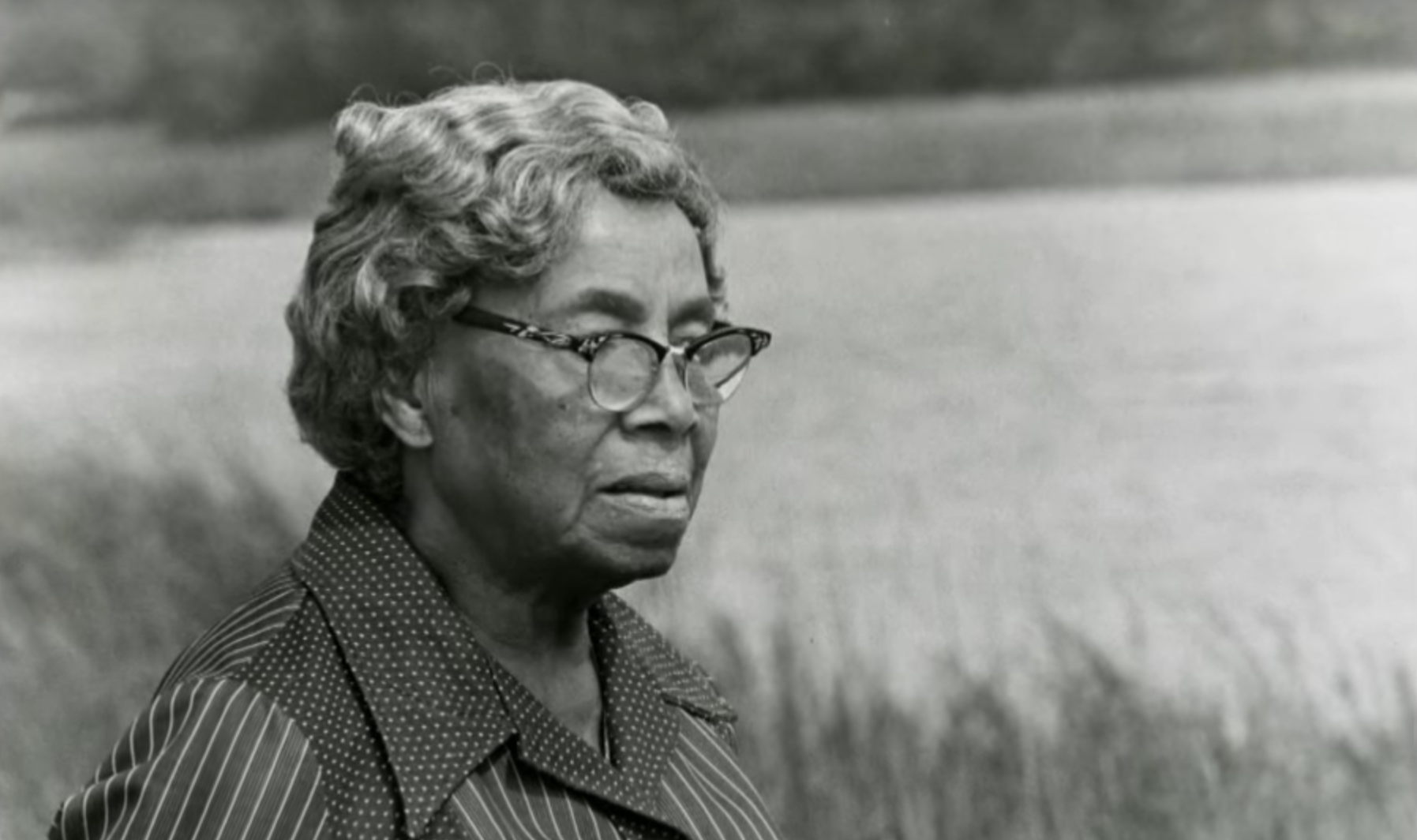 A Black woman with gray hair and glasses standing by tall grass and a river.