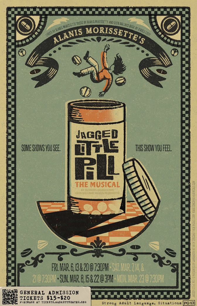 Illustration of a figure with long hair surrounded by pills, falling into an open pill bottle.