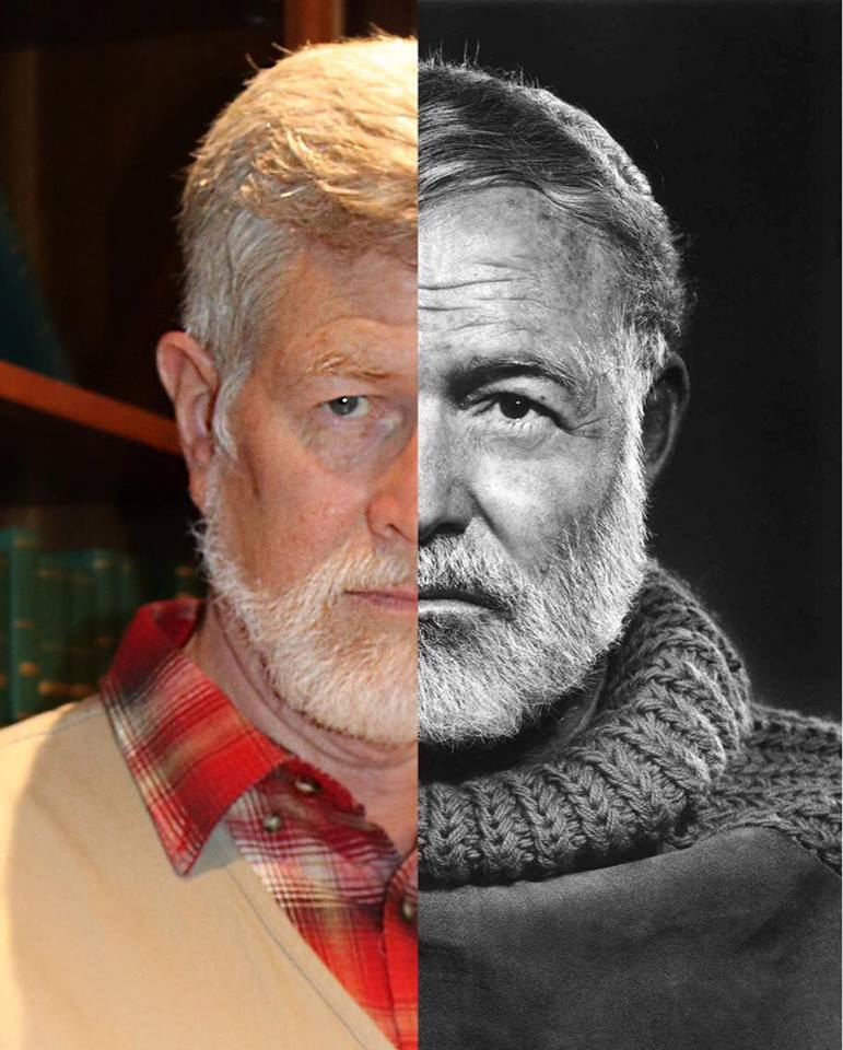 Split photo image of Ernest Hemingway and an actor portraying him.