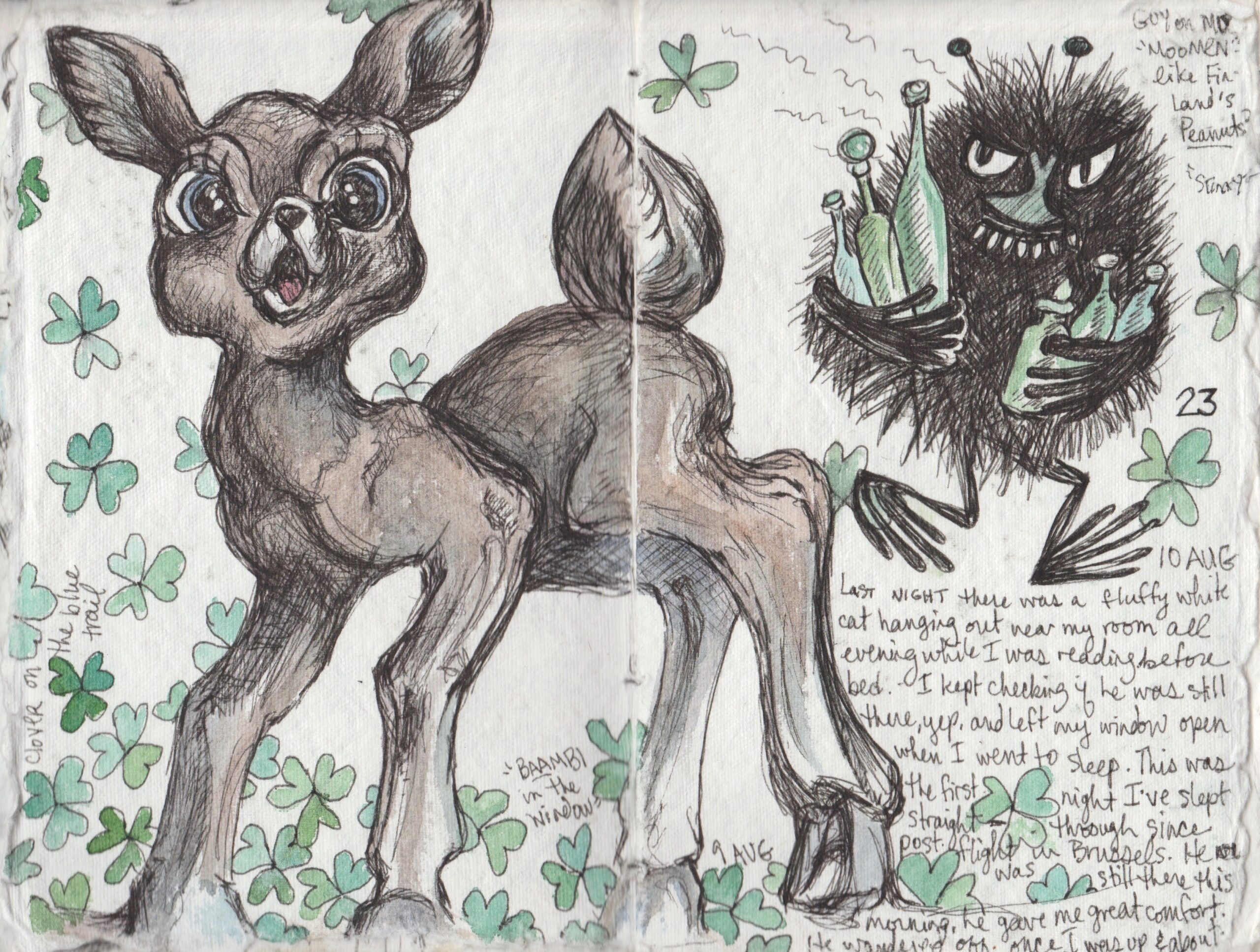 A sketchbook shows a young deer, a hairy monster-like figure, clovers, and writing.