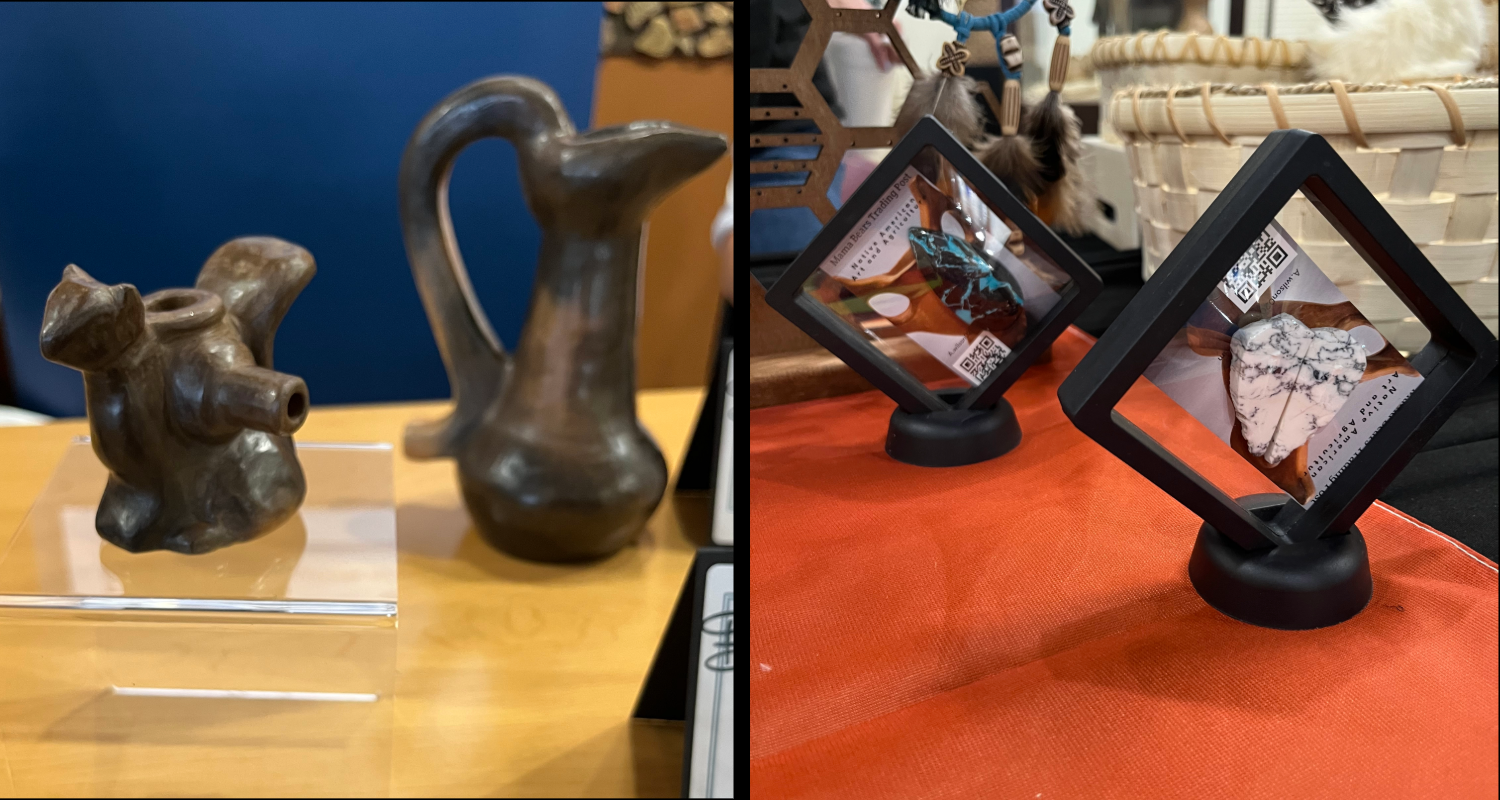 Photo collage of Catawba pottery and jewelry