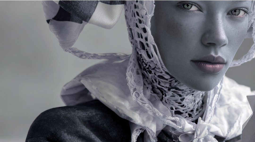 Blue-tinged close up photo of a woman wearing a head wrap and neck kerchief.