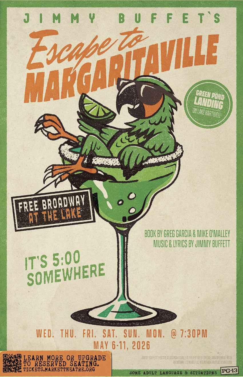 A parrot wearing sunglasses lounges in a margarita glass, holding a lime.