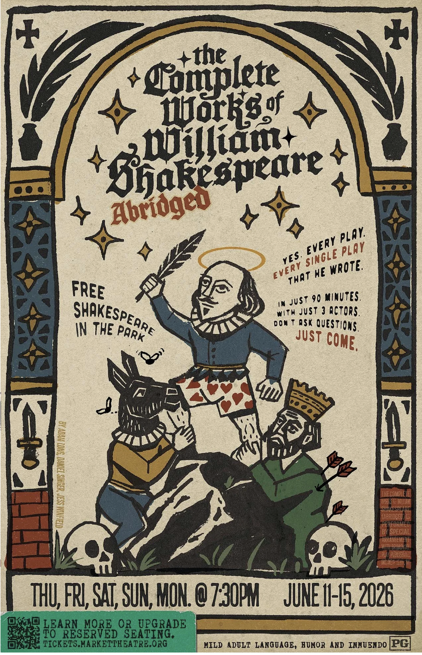 A cartoon-style poster advertising The Complete Works of William Shakespeare Abridged.