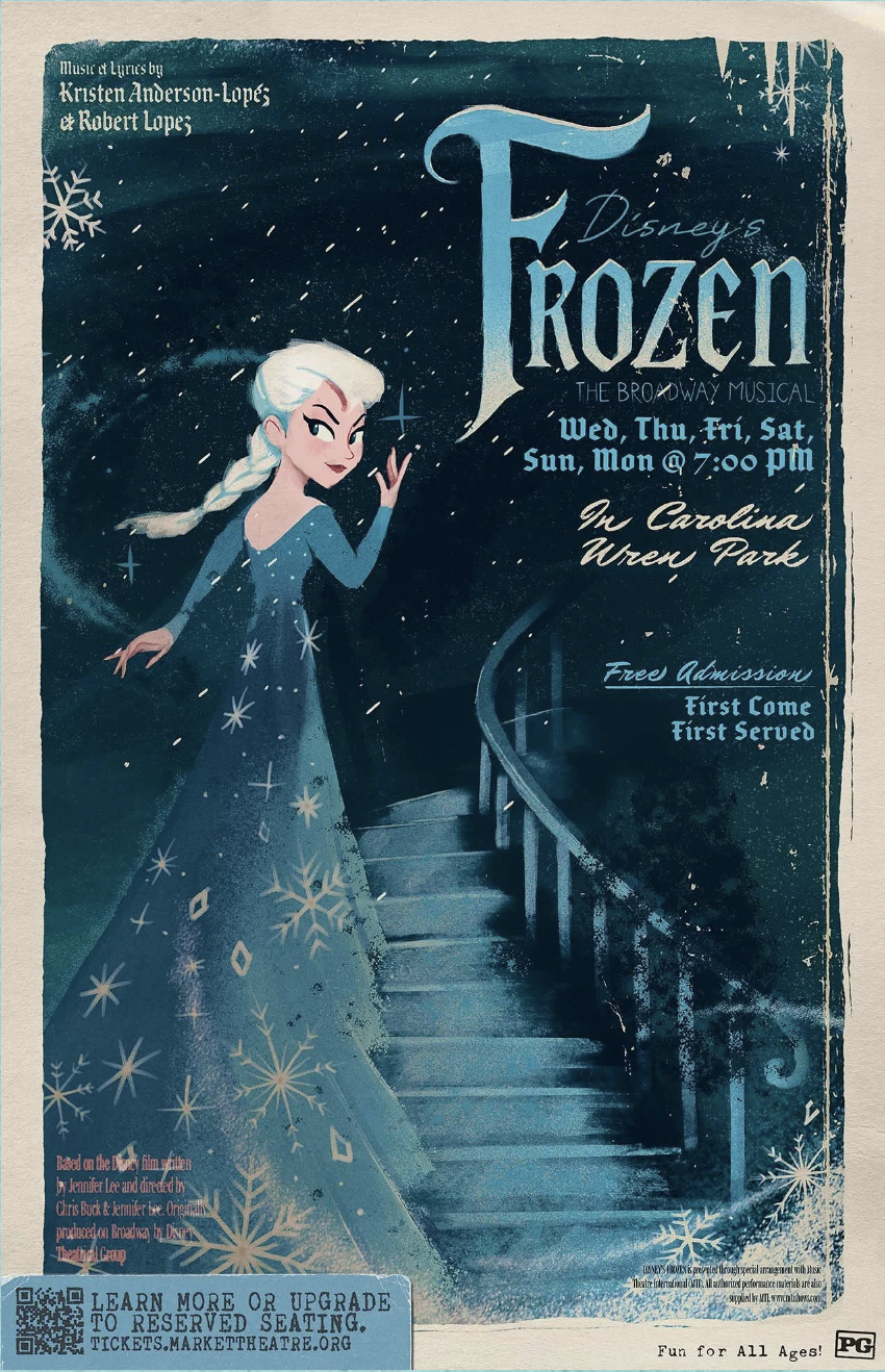 Cartoon. Elsa from Frozen looks back as she ascends stairs.