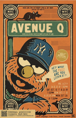 Angry red Muppet says "Hey! What the fuzz are you lookin at?!" under a street sign for Avenue Q.