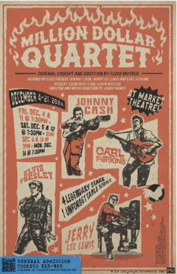 Caricatures of Elvis Presley, Johnny Cash, Jerry Lee Lewis, and Carl Perkins.