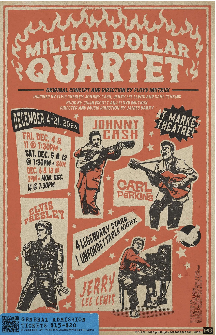Caricatures of Elvis Presley, Johnny Cash, Jerry Lee Lewis, and Carl Perkins.