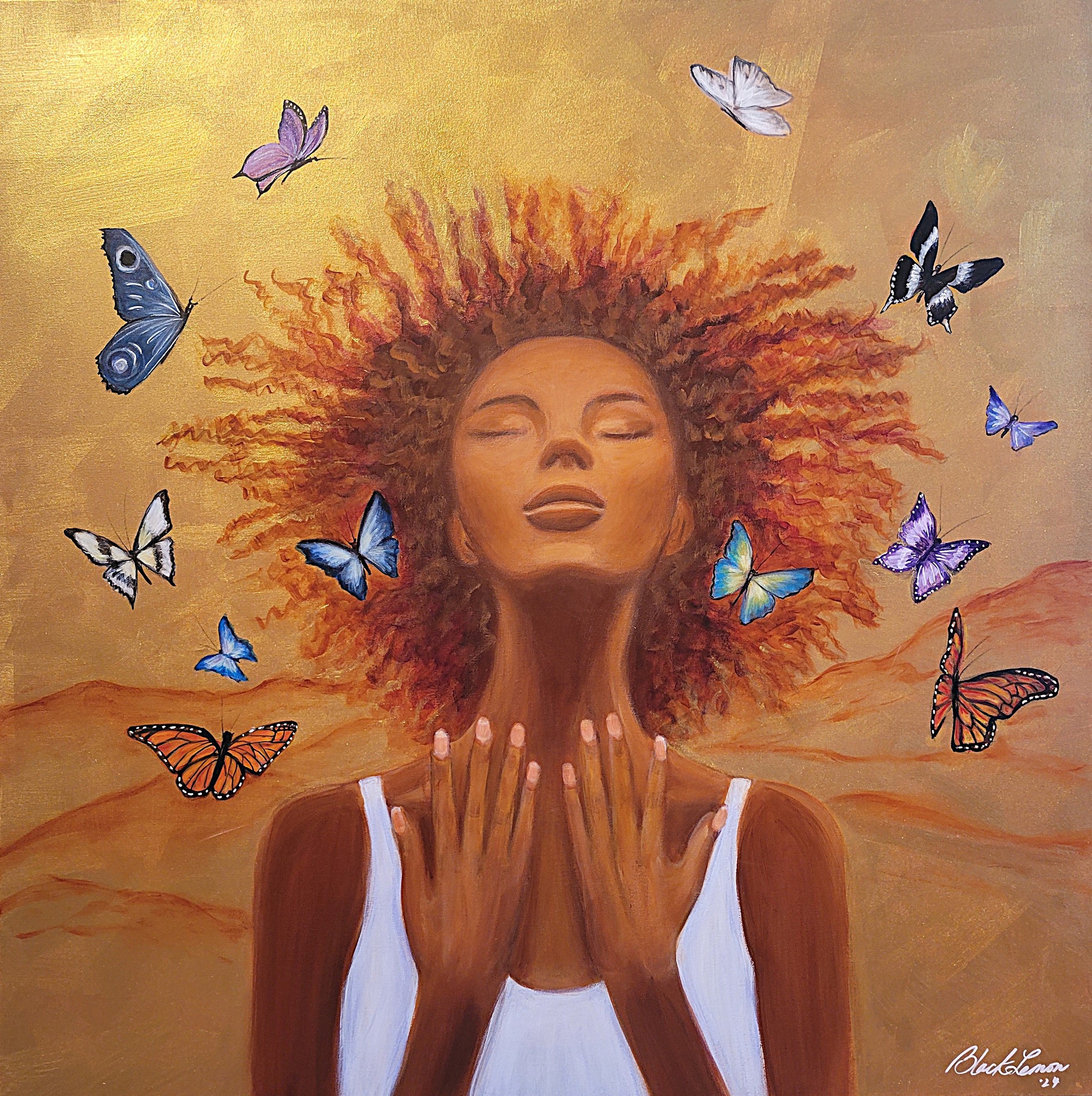 A BIPOC woman with curly red hair, bathed in golden light and surrounded by butterflies.