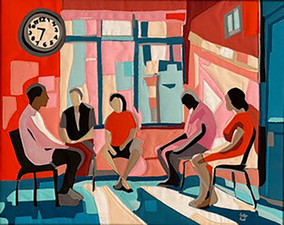 A textile artwork depicts people in a waiting room, in bright colors including red, pink, blue, and peach.