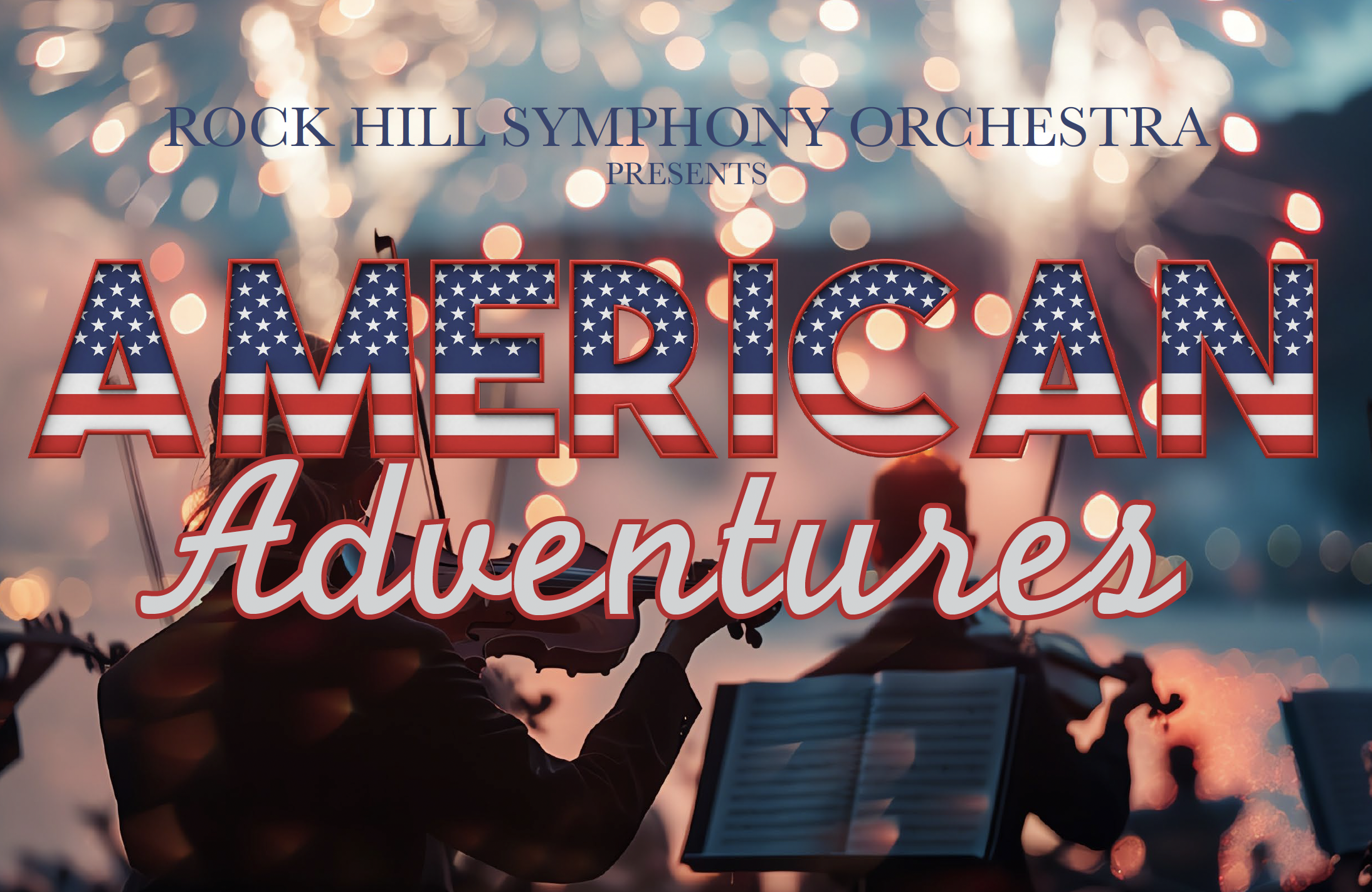 An orchestra plays in silhouette under a fireworks show.