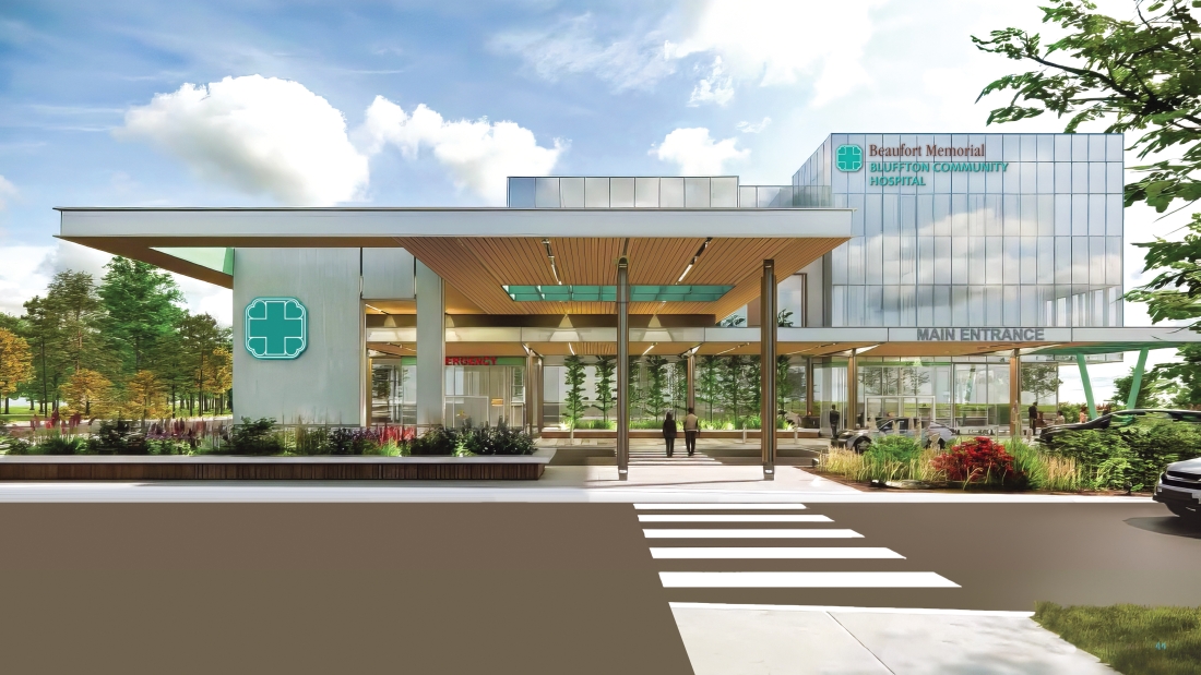 Architectural rendering of a hospital with a covered entry and large glass-paneled main building.
