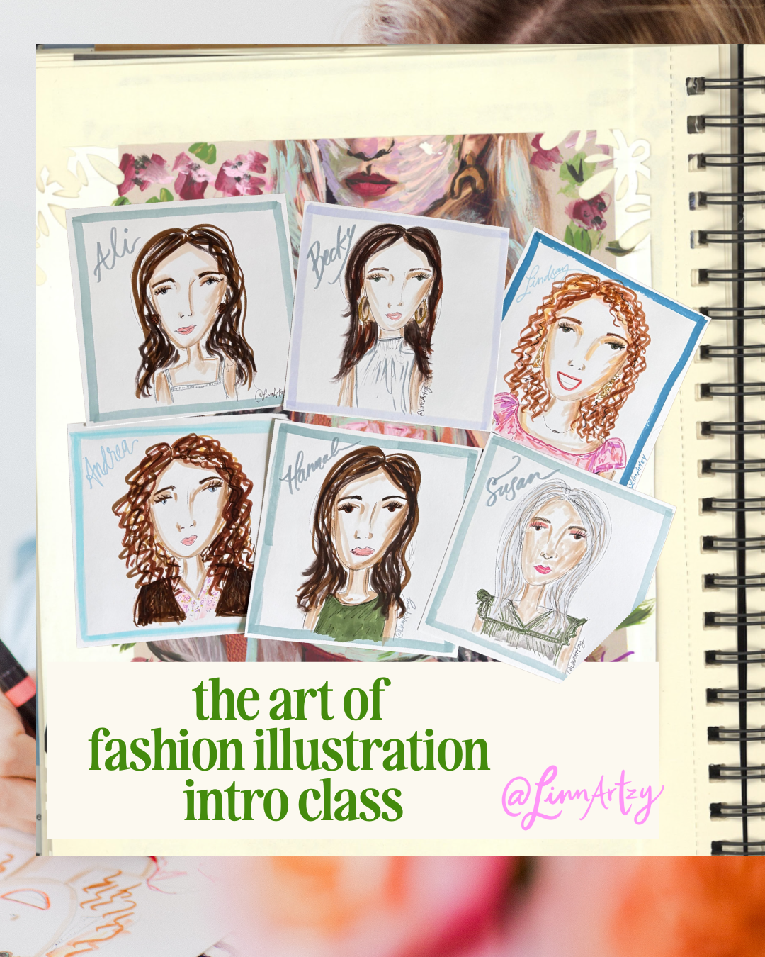 A sketchbook with drawings of 6 women in a variety of blouses and hair styles.