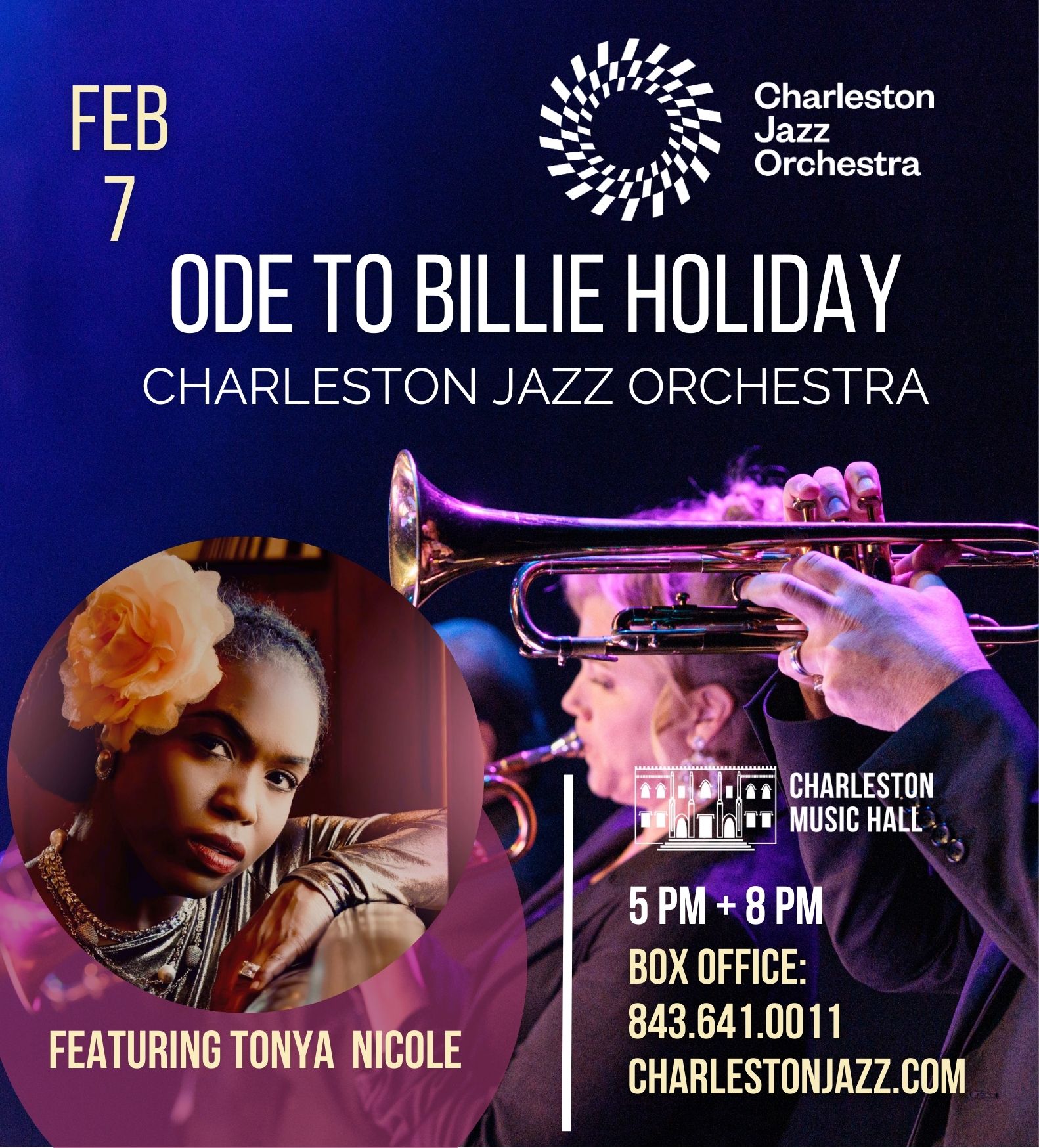 Poster shows a Black woman with a large flower in her hair, and two trumpet players.