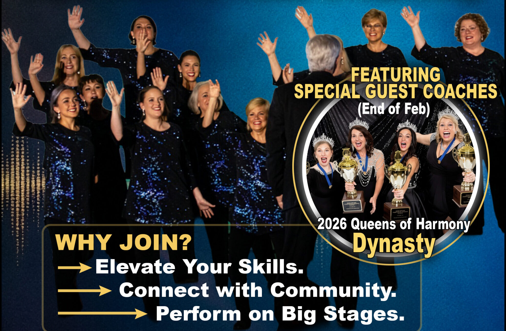 Women in sequined blue tops raise their hands and sing in a choir.