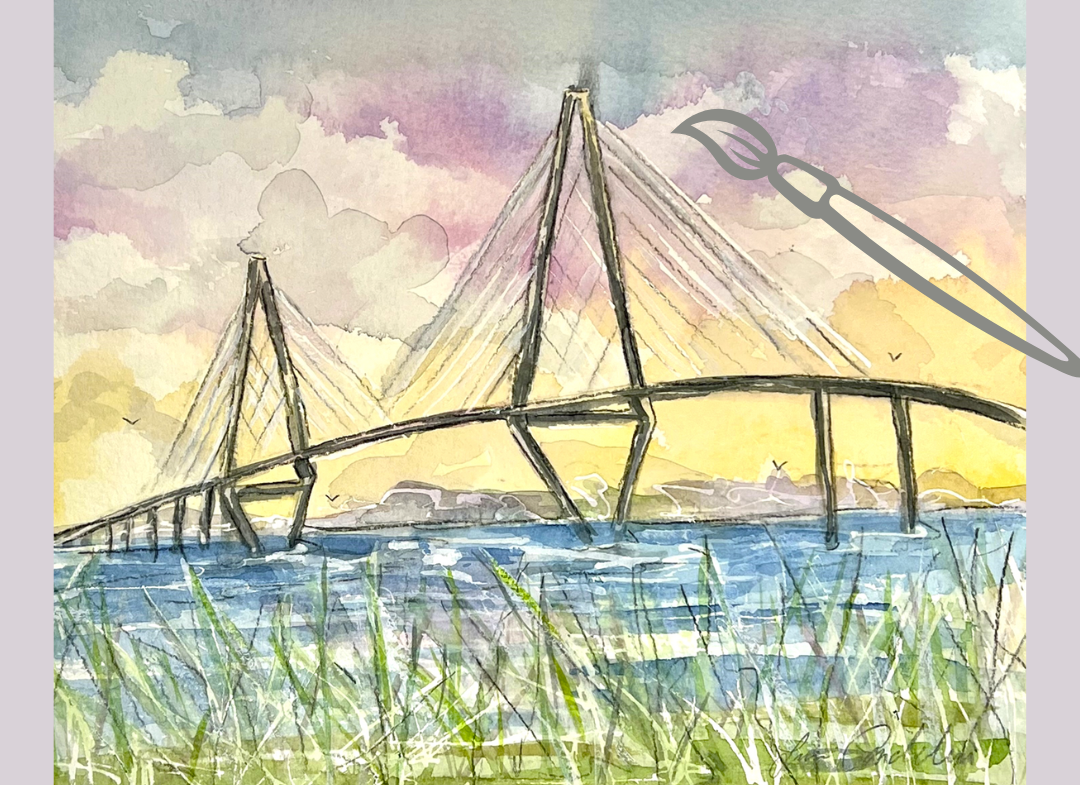 Watercolor painting of a suspension bridge over blue water against a pastel sky.