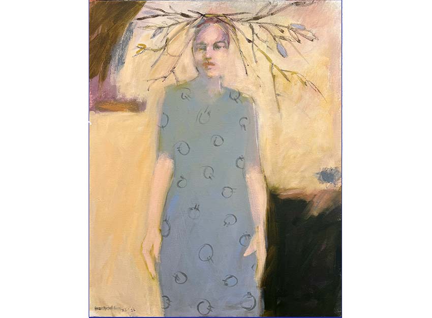 A figure in a gray patterned dress with a headdress of branches.