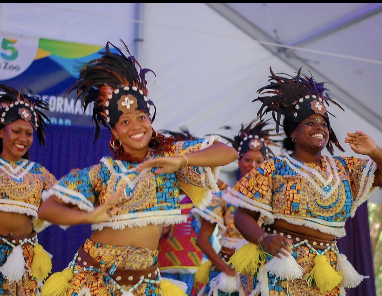 Smiling BIPOC people wearing traditional costumes dance onstage.