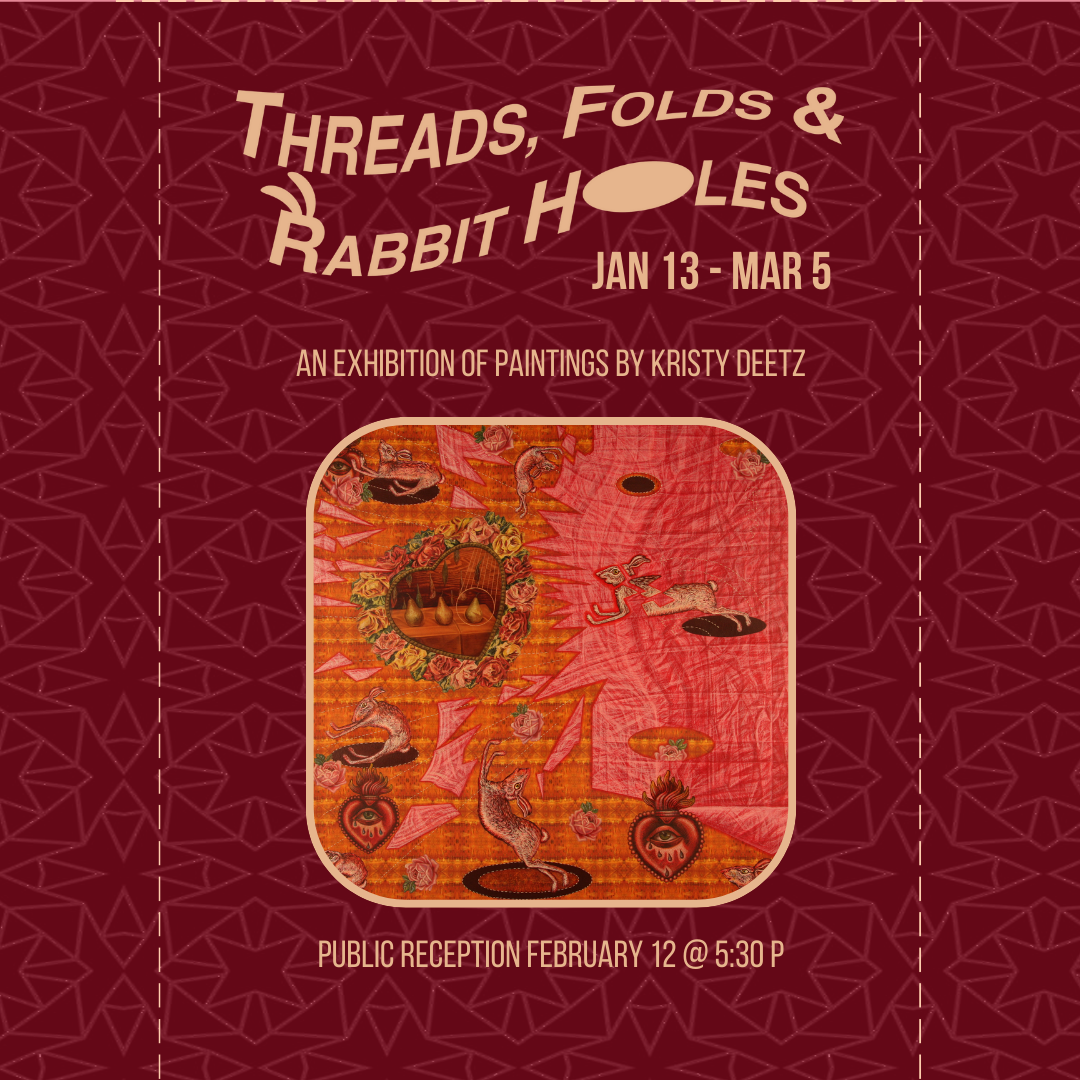 A surreal, multi-layered scene in pink and orange hues. Rabbits, hearts, and other symbols appear.