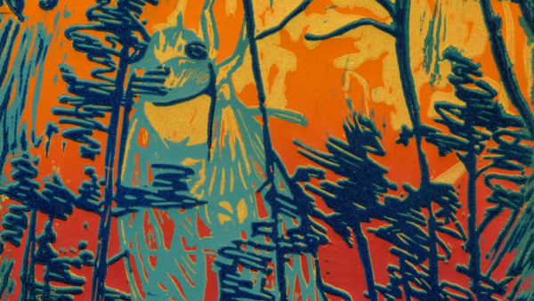 Student artwork. It appears to be a linocut in vibrant shades of orange, yellow, and blue.