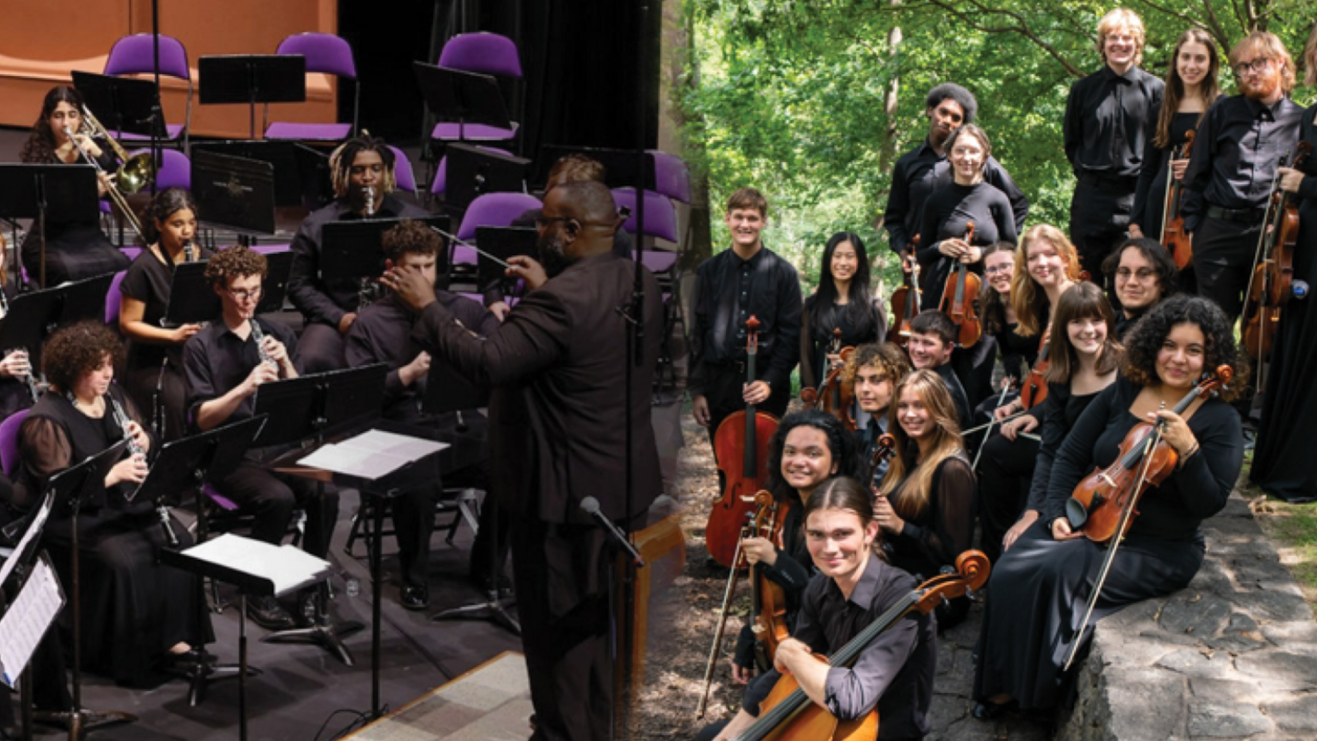 Groups of student instrumentalists pose in performance and outdoors.