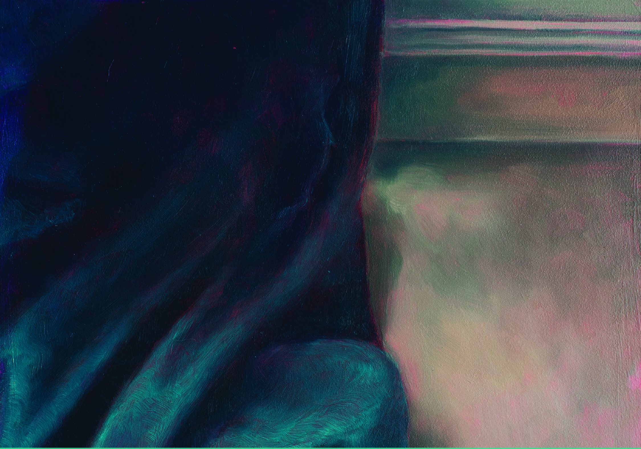 Artwork by Ashley Rabanal shows gentle blocks of peach and teal with fabric-like movement.