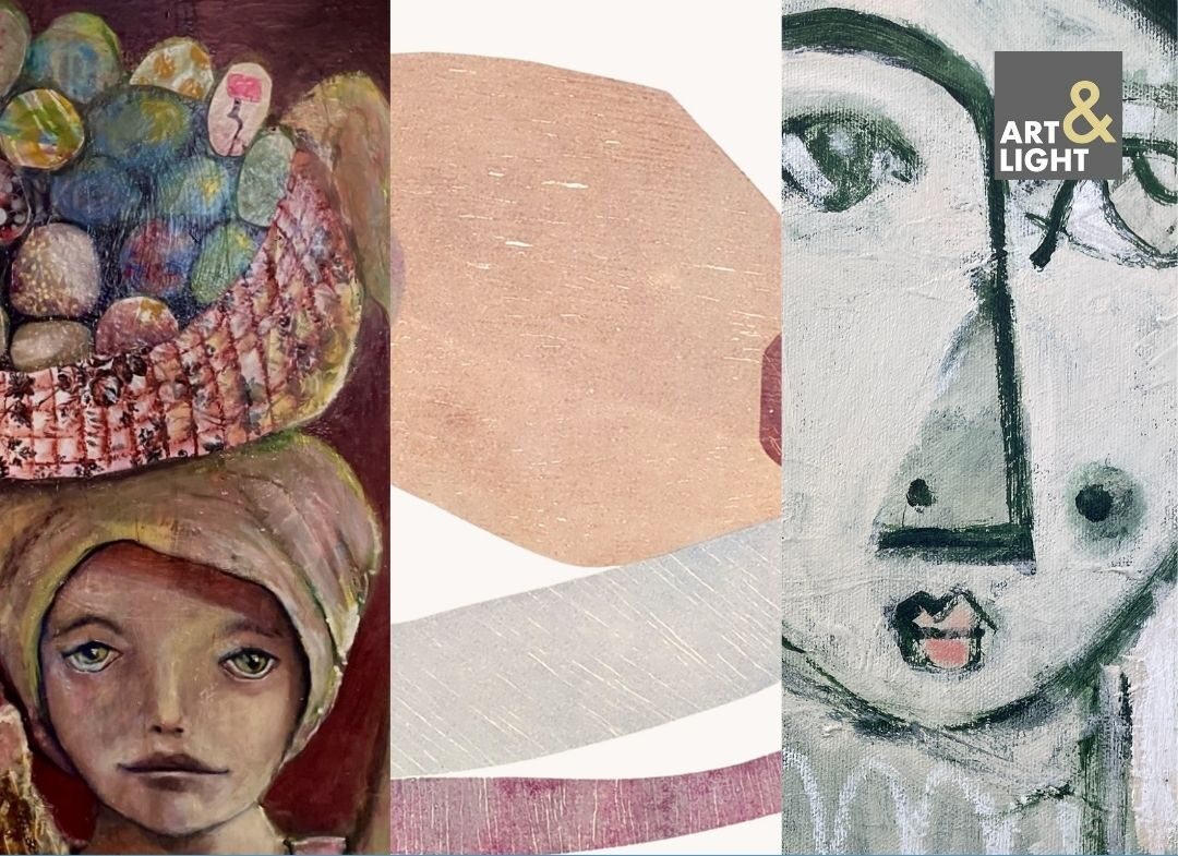 Artworks: woman with a basket on her head; peach, gray, and pink shapes; abstract closeup of a face.