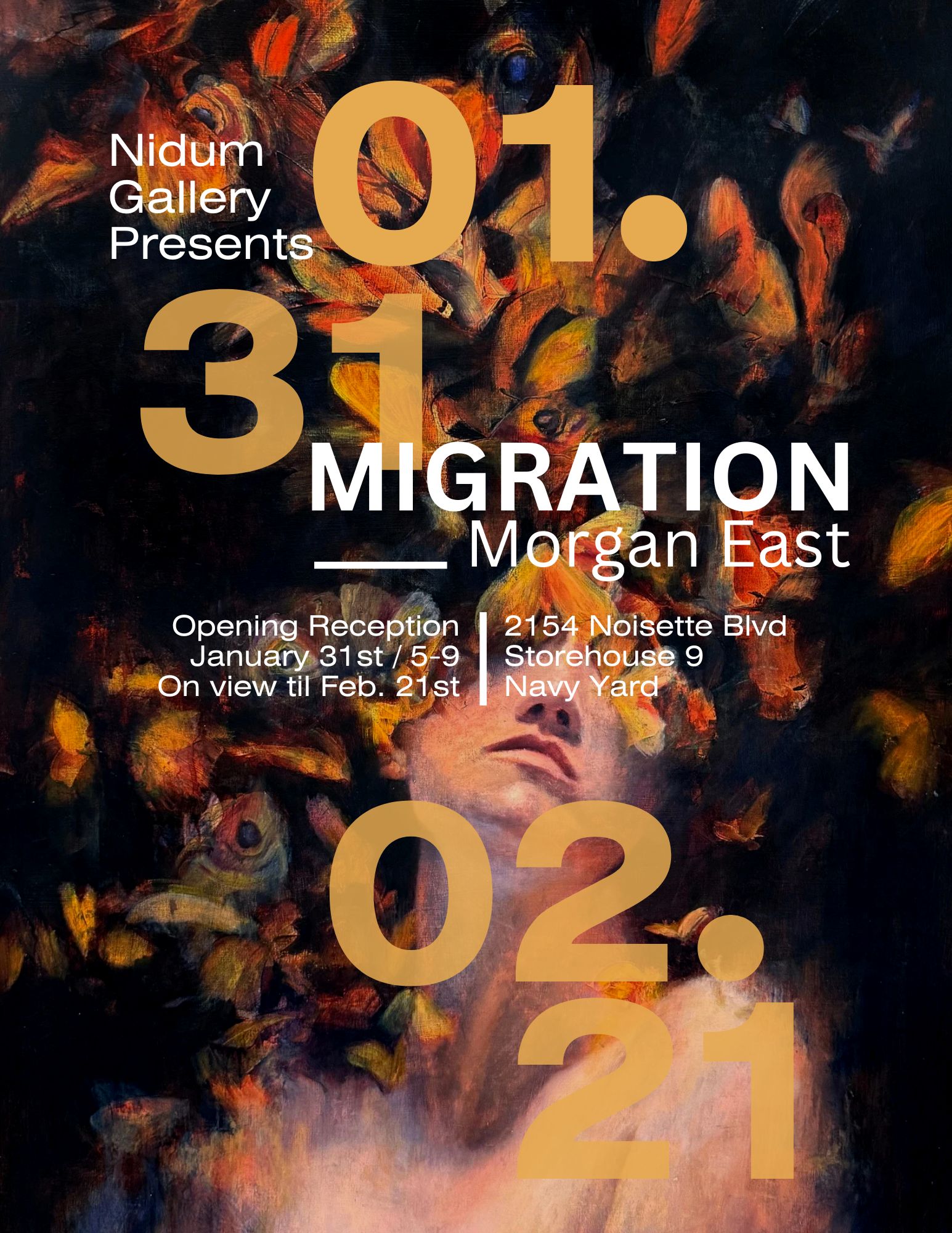 Ethereal painting of a face emerging from a swirling cloud of amber and orange winged things.