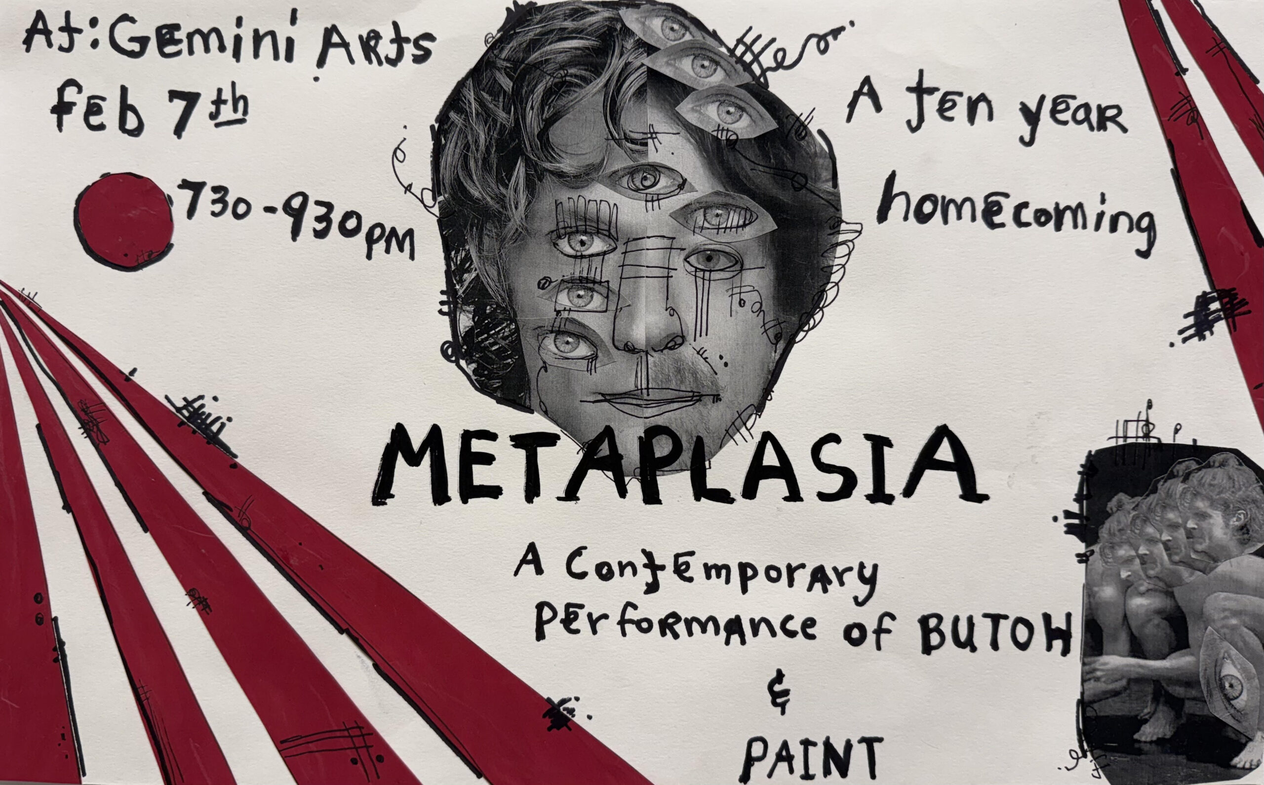 A person's head represented in collage, with disparate pieces and multiple eyes.