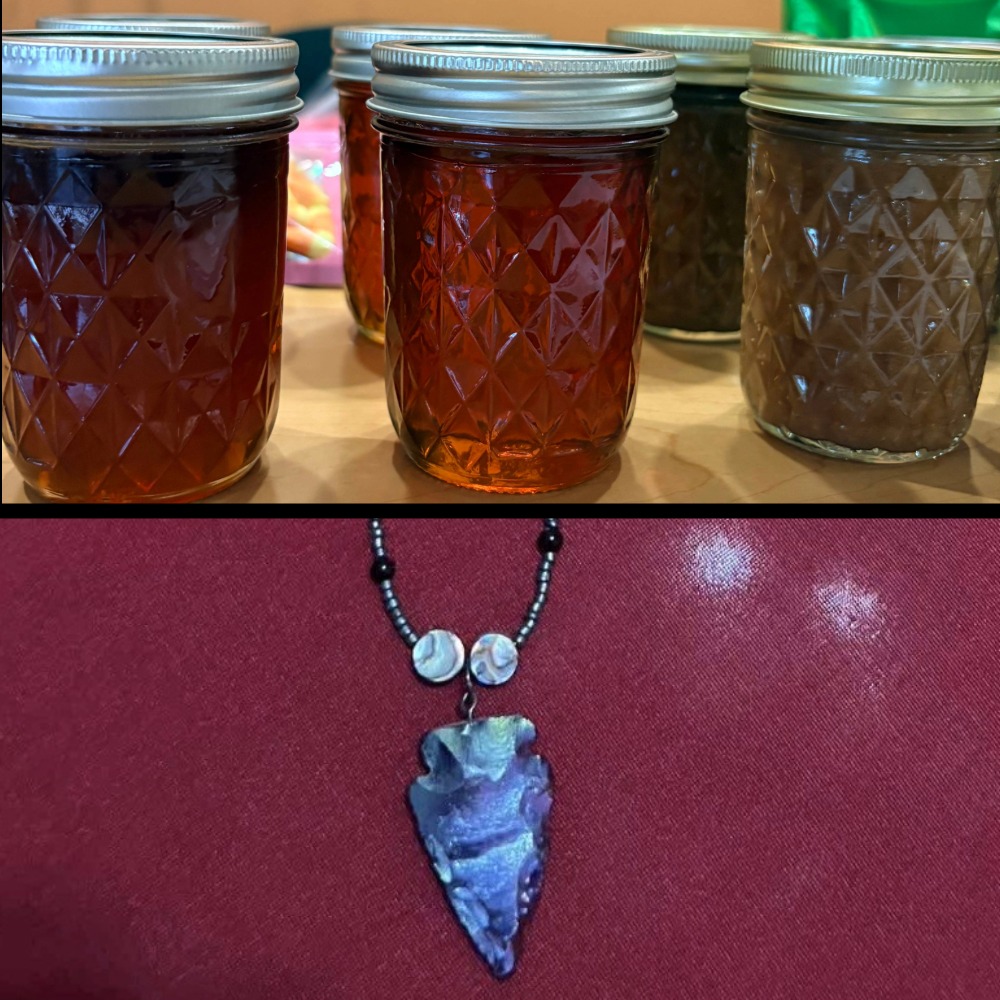 Collage of canned goods by Shannon George and spearpoint necklace by Dakota Little Hawk Simerly