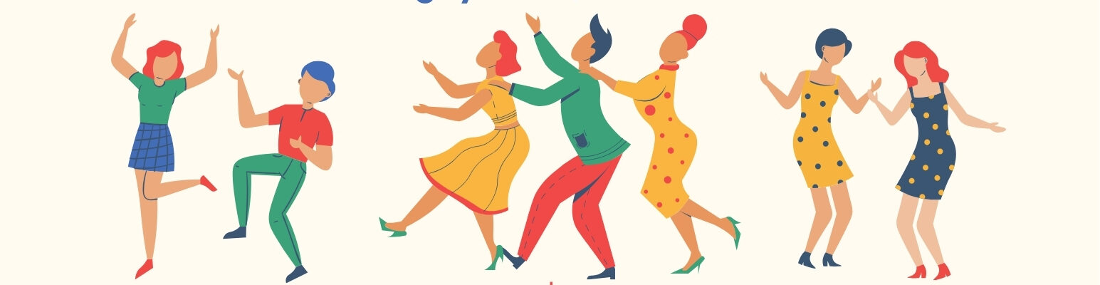 A line of cartoon figures in bright colors dance happily.