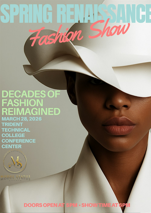 A close-up portrait of a Black model with a wide-brimmed hat partially obscuring her face.